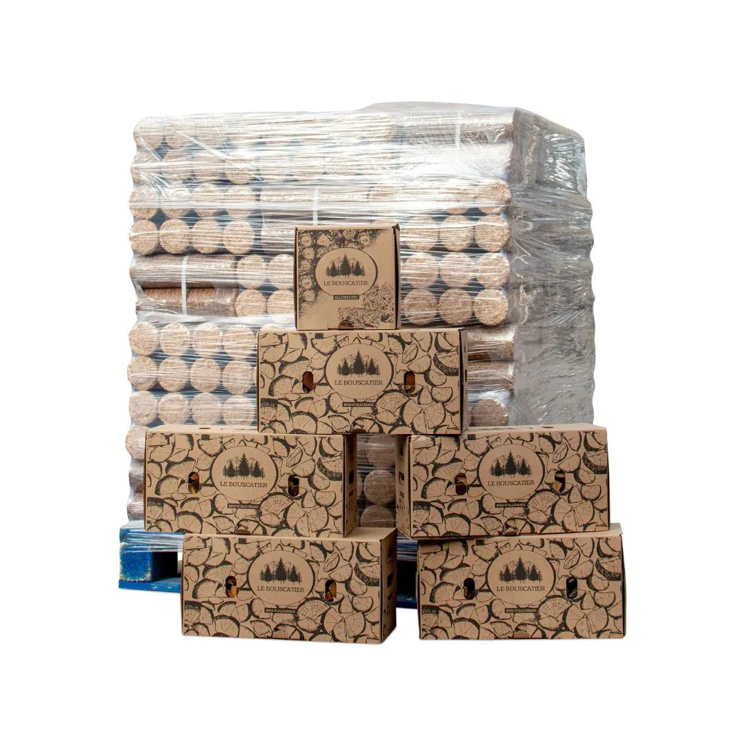 Kit 1000 kg bûches compressées + 5 cartons allume-bois + 2 kg allume-feu